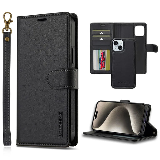 LC.IMEEKE L2 Series for iPhone 15 Case PU Leather Wallet Detachable Magnetic Phone Cover - Black - 1