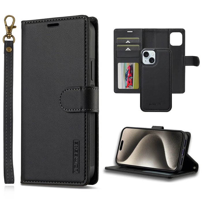 LC.IMEEKE L2 Series for iPhone 15 Case PU Leather Wallet Detachable Magnetic Phone Cover - Black - 1
