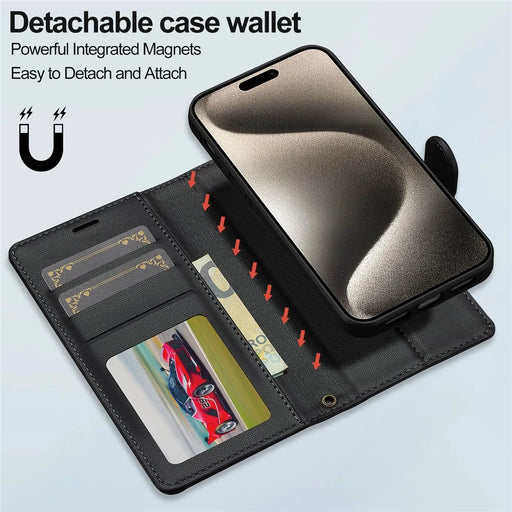 LC.IMEEKE L2 Series for iPhone 15 Case PU Leather Wallet Detachable Magnetic Phone Cover - Black - 2