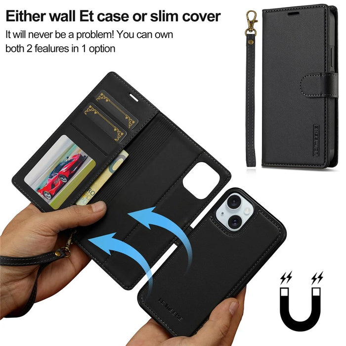 LC.IMEEKE L2 Series for iPhone 15 Case PU Leather Wallet Detachable Magnetic Phone Cover - Black - 6