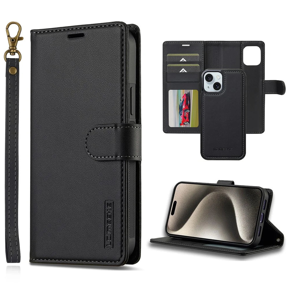 LC.IMEEKE L2 Series for iPhone 15 Plus / 14 Plus Case PU Leather Wallet Detachable Magnetic Phone Cover - Black - 1
