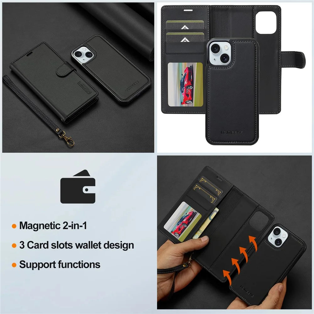 LC.IMEEKE L2 Series for iPhone 15 Plus / 14 Plus Case PU Leather Wallet Detachable Magnetic Phone Cover - Black - 4