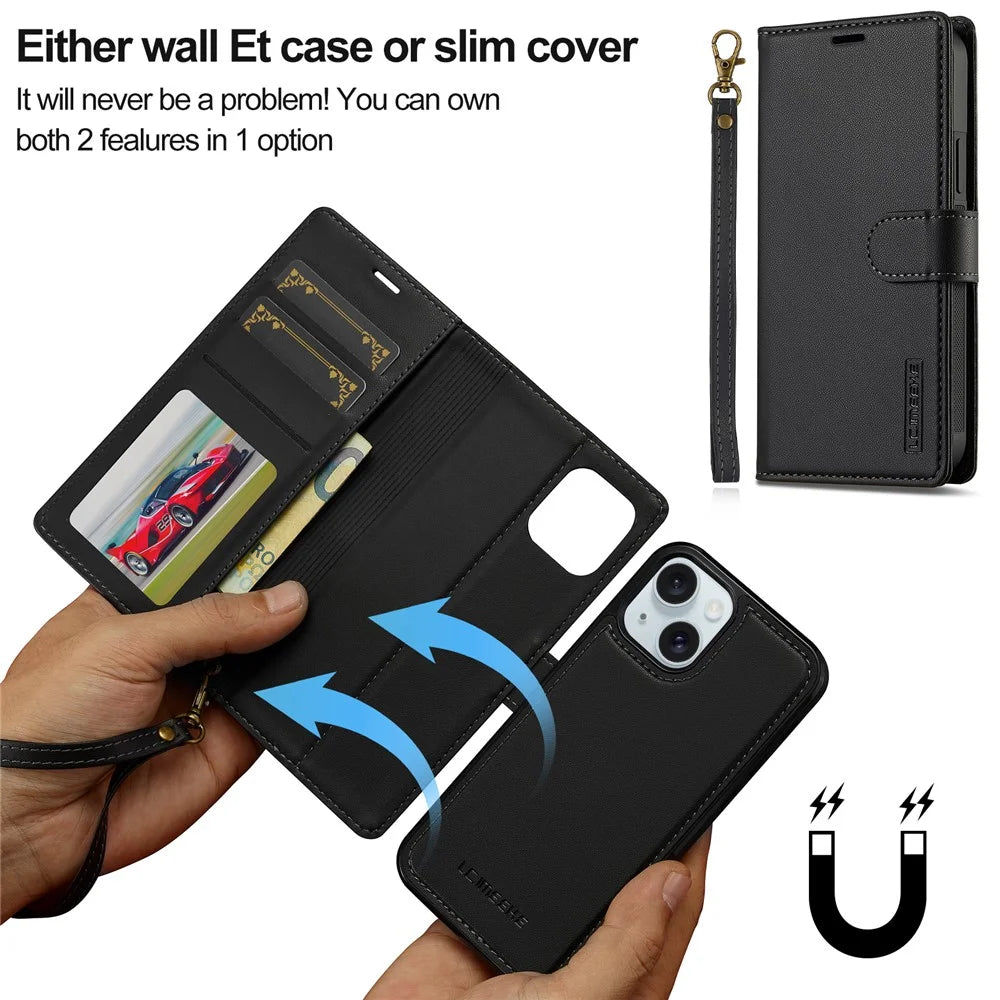 LC.IMEEKE L2 Series for iPhone 15 Plus / 14 Plus Case PU Leather Wallet Detachable Magnetic Phone Cover - Black - 6