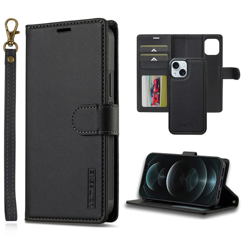 LC.IMEEKE L2 Series for iPhone 14 / 13 Case PU Leather Wallet Detachable Magnetic Phone Cover - Black - 1