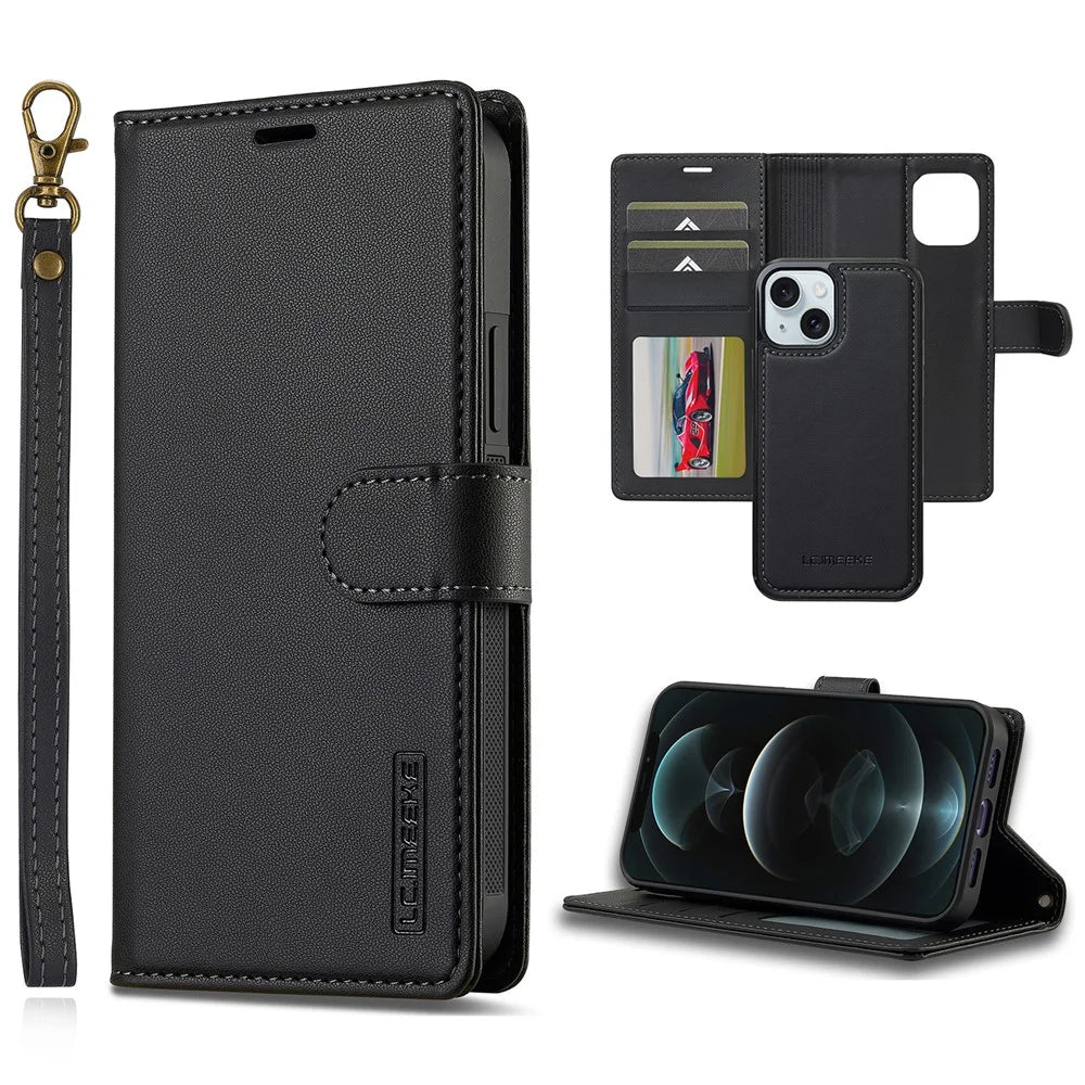 LC.IMEEKE L2 Series for iPhone 14 / 13 Case PU Leather Wallet Detachable Magnetic Phone Cover - Black - 1