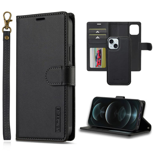 LC.IMEEKE L2 Series for iPhone 14 / 13 Case PU Leather Wallet Detachable Magnetic Phone Cover - Black - 1