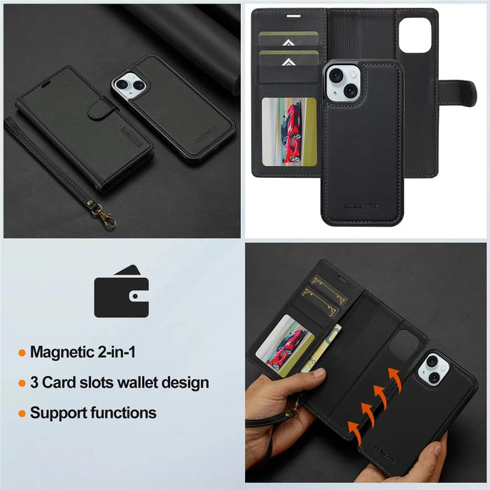 LC.IMEEKE L2 Series for iPhone 14 / 13 Case PU Leather Wallet Detachable Magnetic Phone Cover - Black - 4