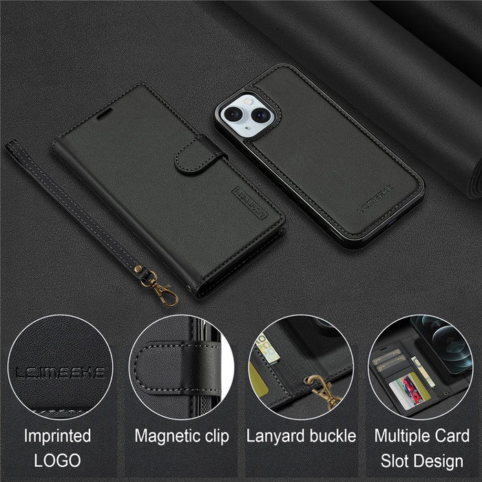 LC.IMEEKE L2 Series for iPhone 14 / 13 Case PU Leather Wallet Detachable Magnetic Phone Cover - Black - 5