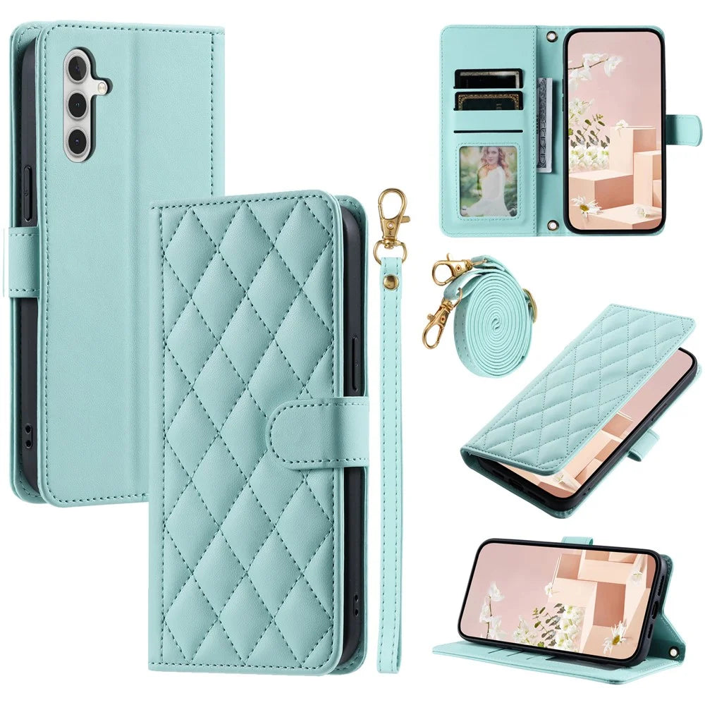 For Samsung Galaxy S24 FE Wallet Case Rhombus Grid PU Leather Phone Cover - Mint Green - 1