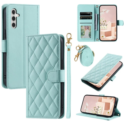 For Samsung Galaxy S24 FE Wallet Case Rhombus Grid PU Leather Phone Cover - Mint Green - 1