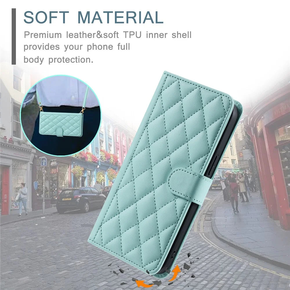 For Samsung Galaxy S24 FE Wallet Case Rhombus Grid PU Leather Phone Cover - Mint Green - 6