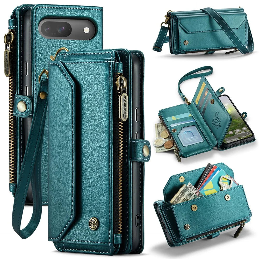 For Google Pixel 10 Pro / 10 / 9 Pro / 9 Leather Case CASEME C36 Zipper Multiple Card Slots Phone Cover with Straps - Green - 1