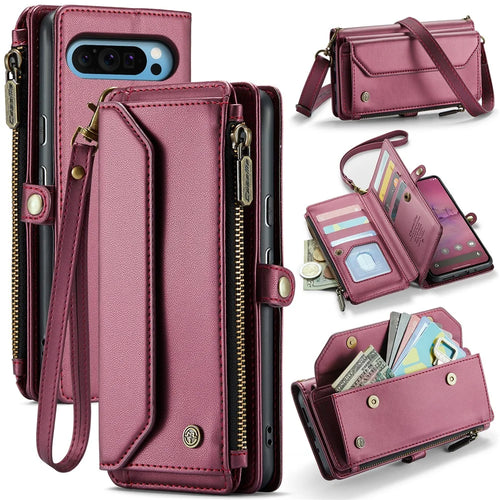 For Google Pixel 9 Pro XL Leather Case CASEME C36 Zipper Multiple Card Slots Phone Cover with Straps - Wine Red - 1