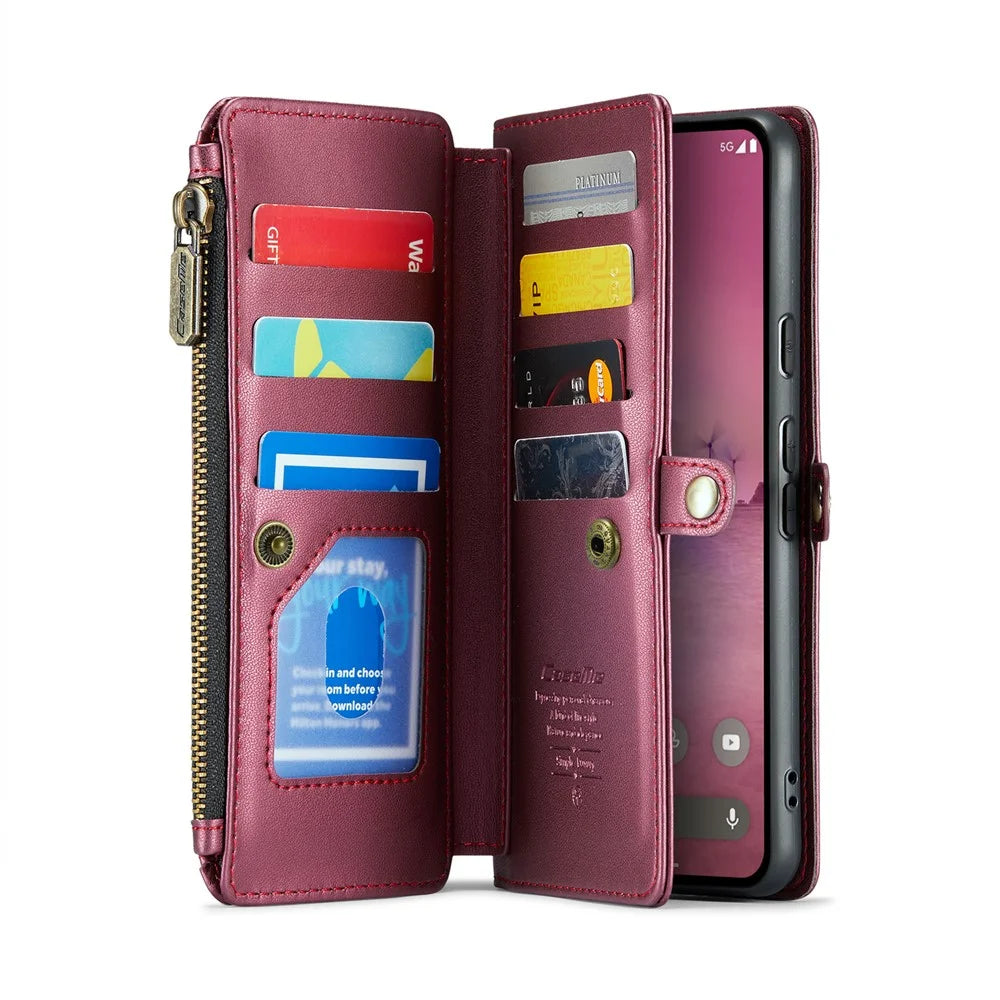 For Google Pixel 9 Pro XL Leather Case CASEME C36 Zipper Multiple Card Slots Phone Cover with Straps - Wine Red - 2