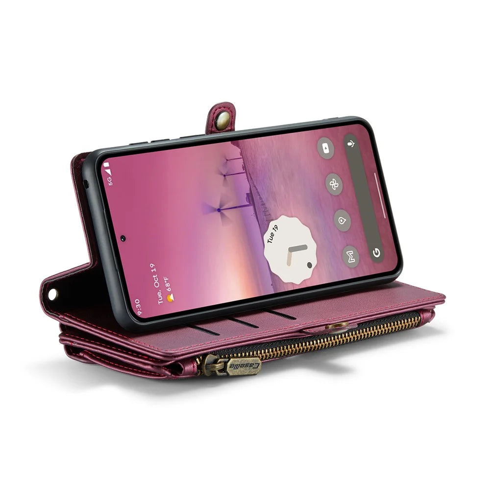 For Google Pixel 9 Pro XL Leather Case CASEME C36 Zipper Multiple Card Slots Phone Cover with Straps - Wine Red - 3