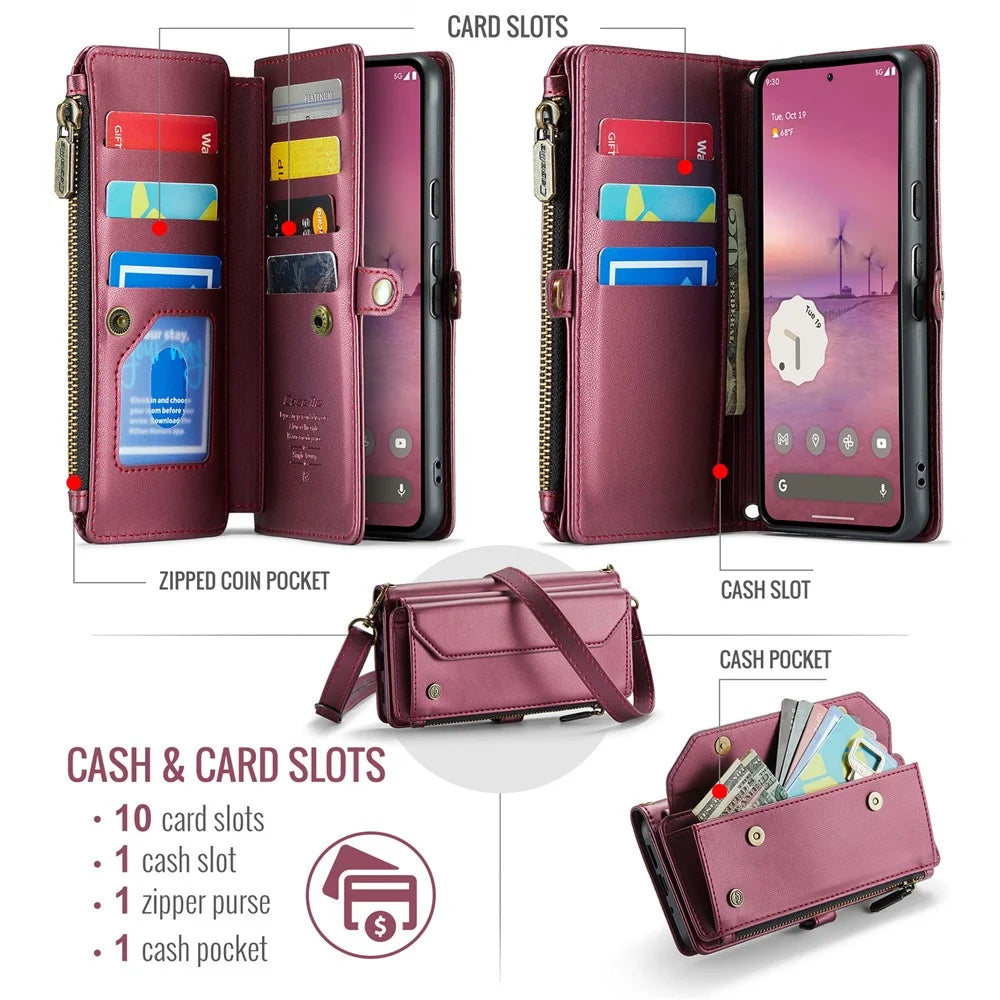 For Google Pixel 9 Pro XL Leather Case CASEME C36 Zipper Multiple Card Slots Phone Cover with Straps - Wine Red - 4