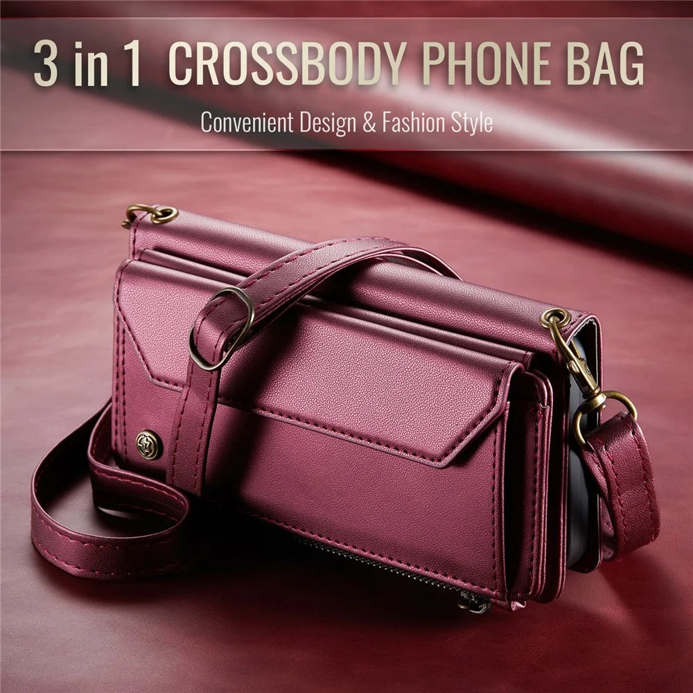 For Google Pixel 9 Pro XL Leather Case CASEME C36 Zipper Multiple Card Slots Phone Cover with Straps - Wine Red - 7