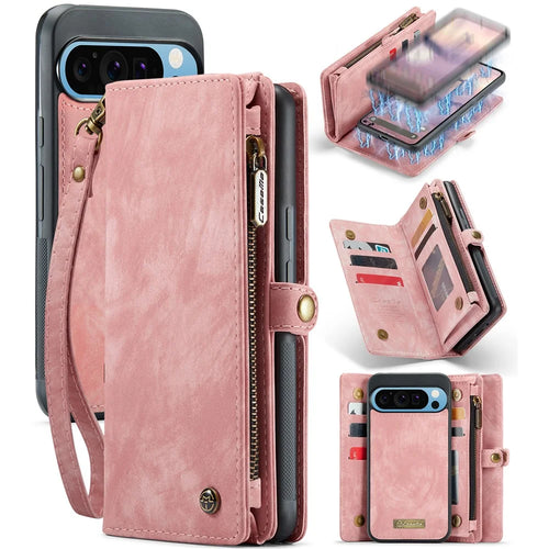 For Google Pixel 9 Pro XL Phone Cases CASEME 008 Leather Cover with Detachable Wallet and Strap - Pink - 1