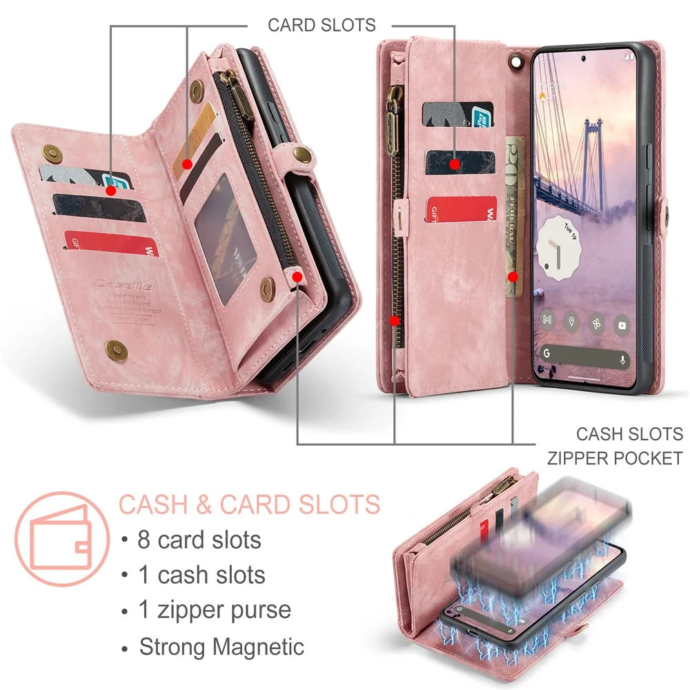 For Google Pixel 9 Pro XL Phone Cases CASEME 008 Leather Cover with Detachable Wallet and Strap - Pink - 4