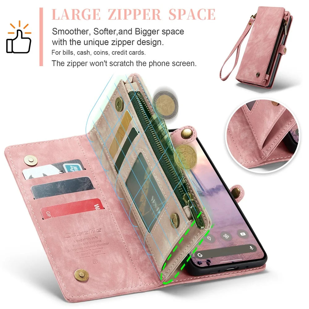 For Google Pixel 9 Pro XL Phone Cases CASEME 008 Leather Cover with Detachable Wallet and Strap - Pink - 5