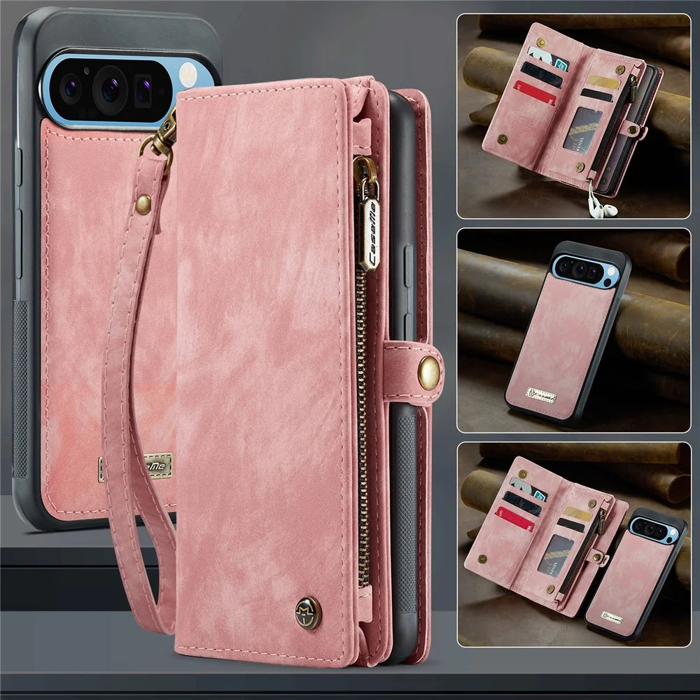 For Google Pixel 9 Pro XL Phone Cases CASEME 008 Leather Cover with Detachable Wallet and Strap - Pink - 6