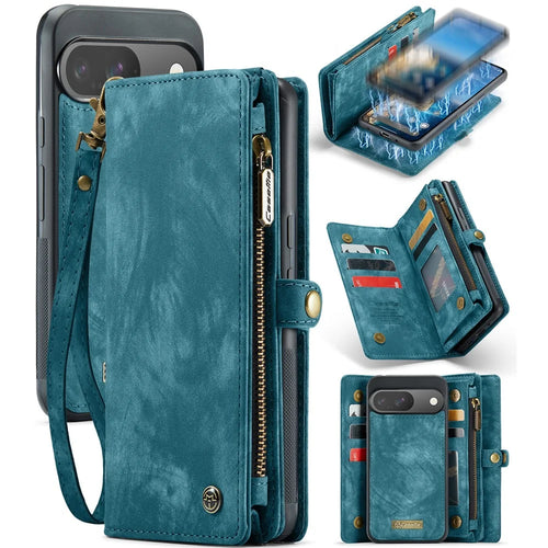 For Google Pixel 9 / Pixel 9 Pro Phone Cases CASEME 008 Leather Cover with Detachable Wallet and Strap - Blue - 1