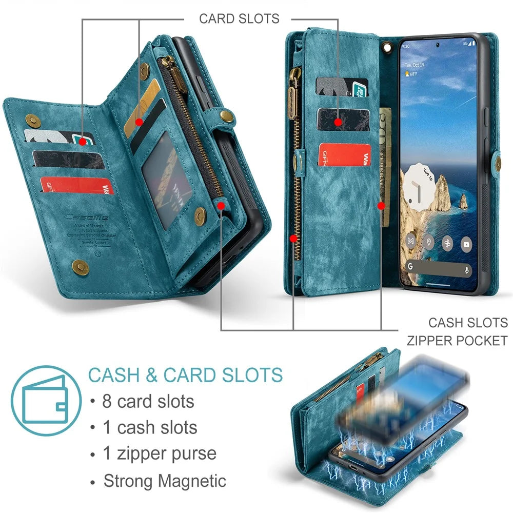 For Google Pixel 9 / Pixel 9 Pro Phone Cases CASEME 008 Leather Cover with Detachable Wallet and Strap - Blue - 4