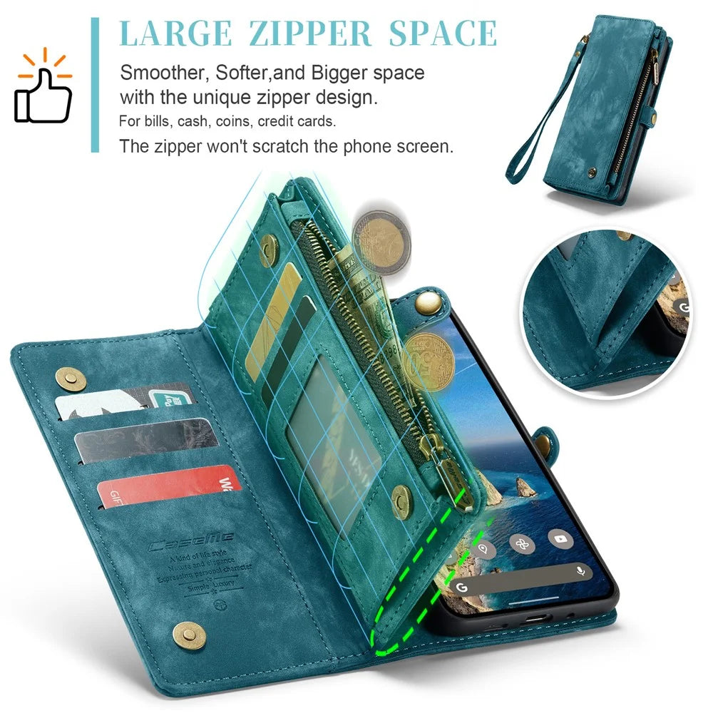 For Google Pixel 9 / Pixel 9 Pro Phone Cases CASEME 008 Leather Cover with Detachable Wallet and Strap - Blue - 5