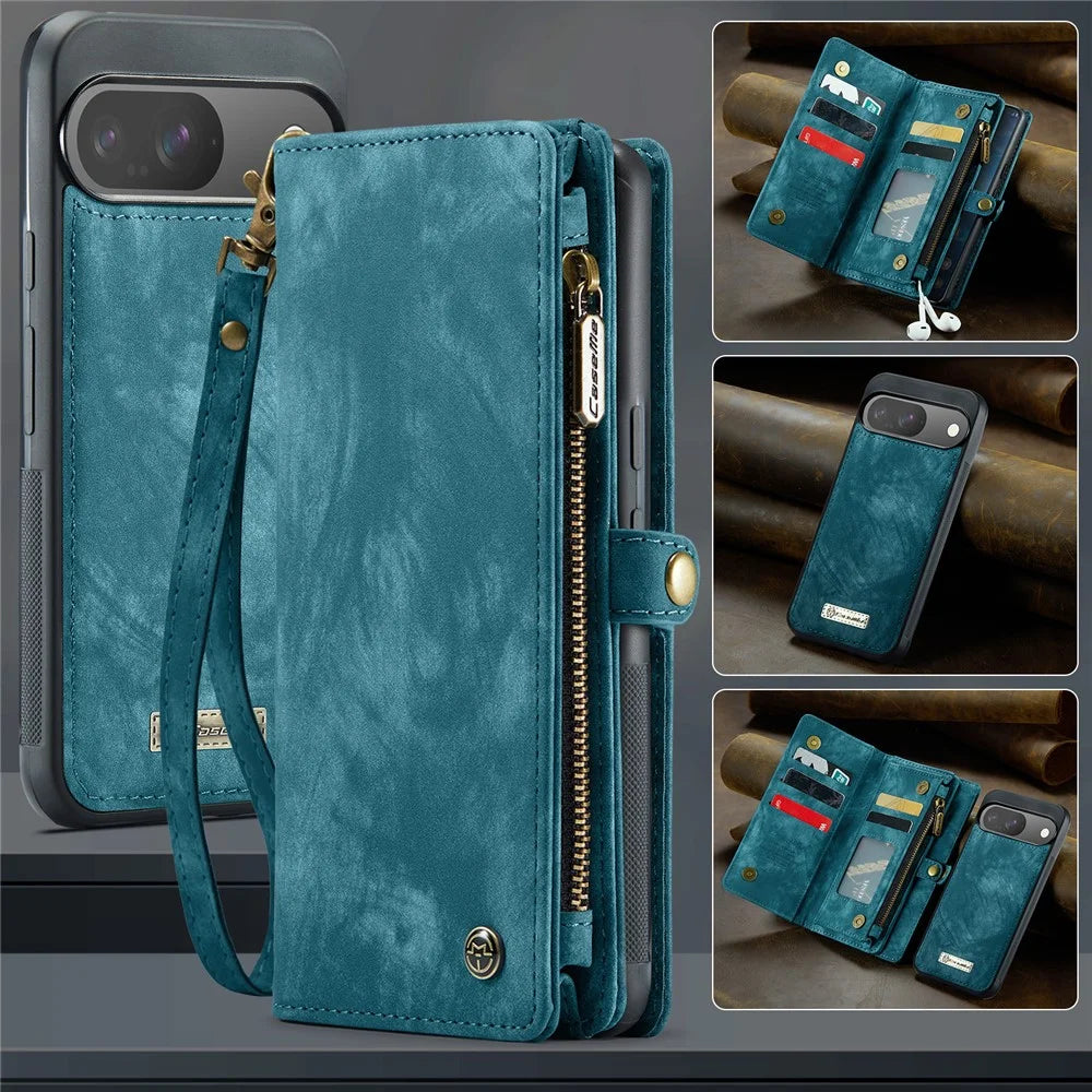 For Google Pixel 9 / Pixel 9 Pro Phone Cases CASEME 008 Leather Cover with Detachable Wallet and Strap - Blue - 6