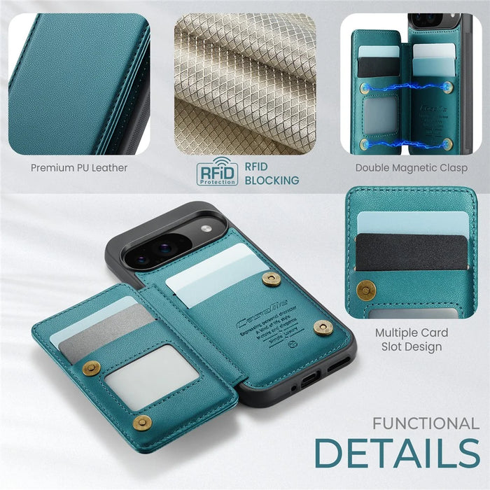 For Google Pixel 10 Pro / 10 / 9 Pro / 9 Phone Case CASEME C22 Leather Back Cover with RFID Blocking Card Slots - Green - 5