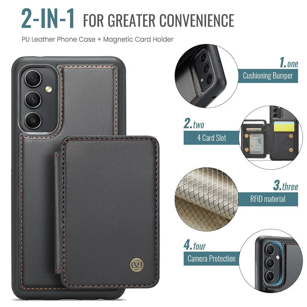 JEEHOOD J05 For Samsung Galaxy A54 5G Case Leather Mobile Cover with Detachable Magnetic Card Bag - Black - 4