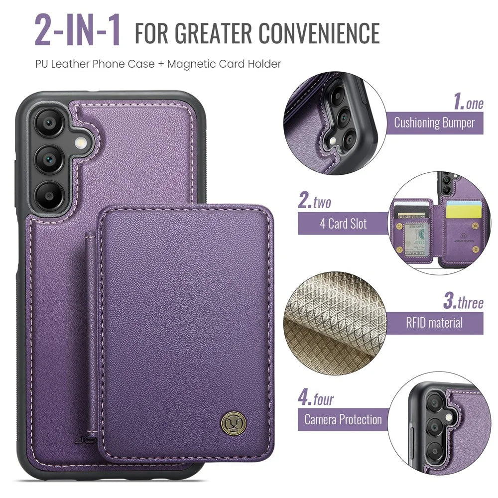JEEHOOD J05 For Samsung Galaxy A55 5G Case Leather Mobile Cover with Detachable Magnetic Card Bag - Purple - 4