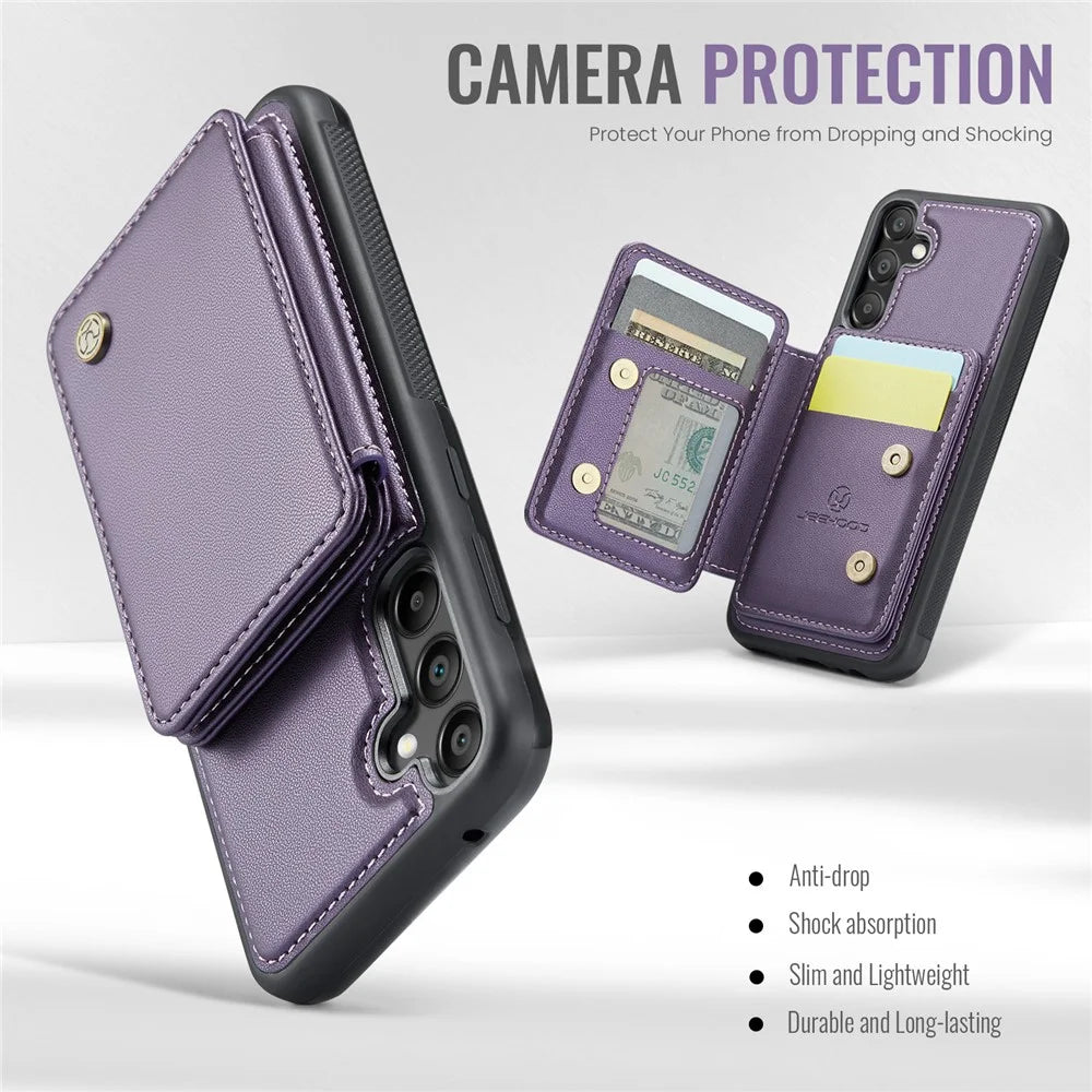 JEEHOOD J05 For Samsung Galaxy A55 5G Case Leather Mobile Cover with Detachable Magnetic Card Bag - Purple - 5