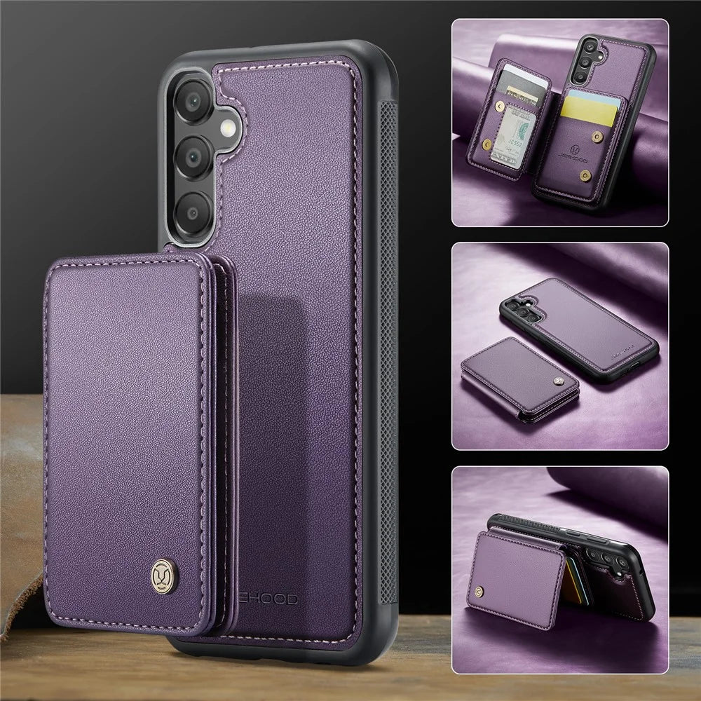 JEEHOOD J05 For Samsung Galaxy A55 5G Case Leather Mobile Cover with Detachable Magnetic Card Bag - Purple - 6