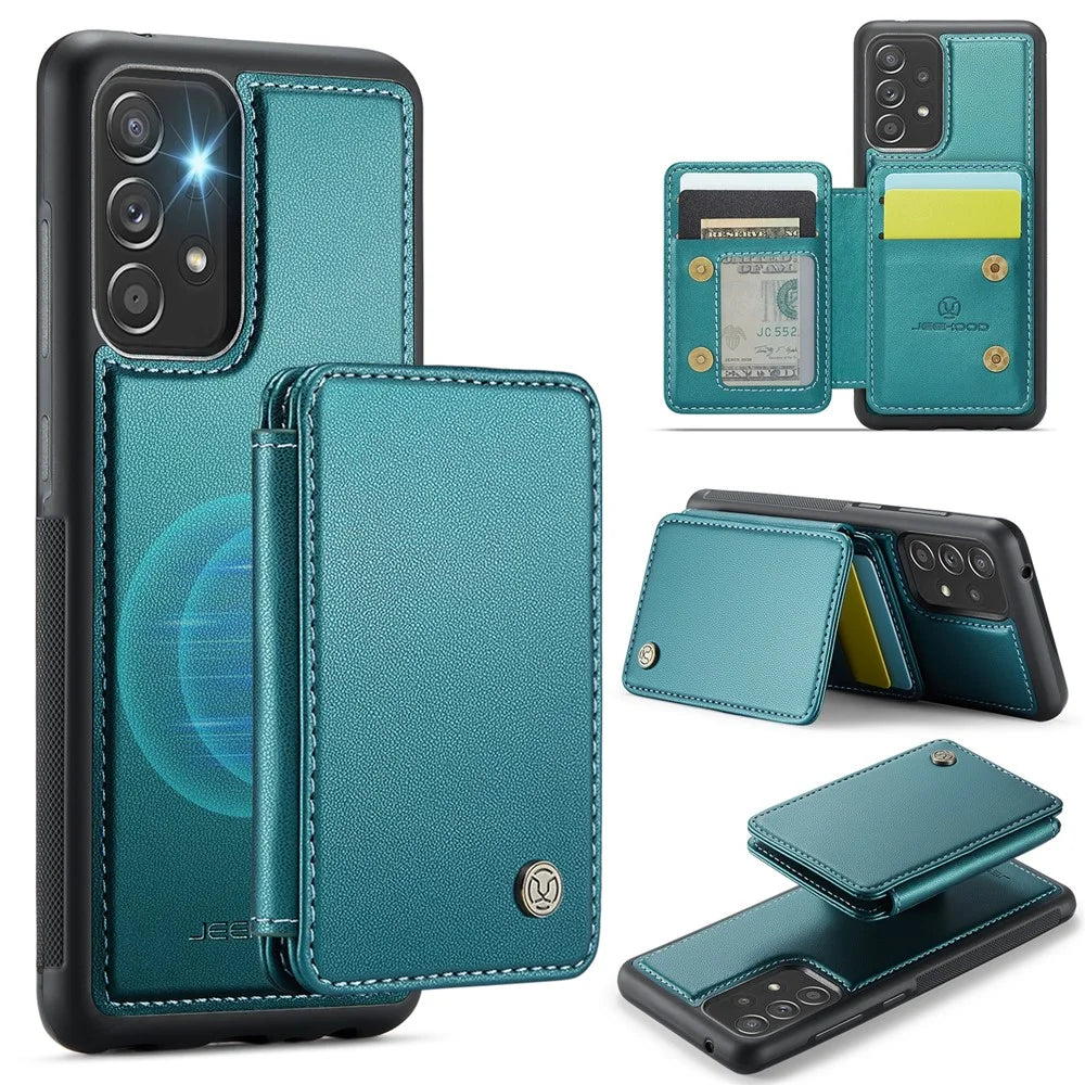JEEHOOD J05 For Samsung Galaxy A53 5G Case Leather Mobile Cover with Detachable Magnetic Card Bag - Cyan - 1