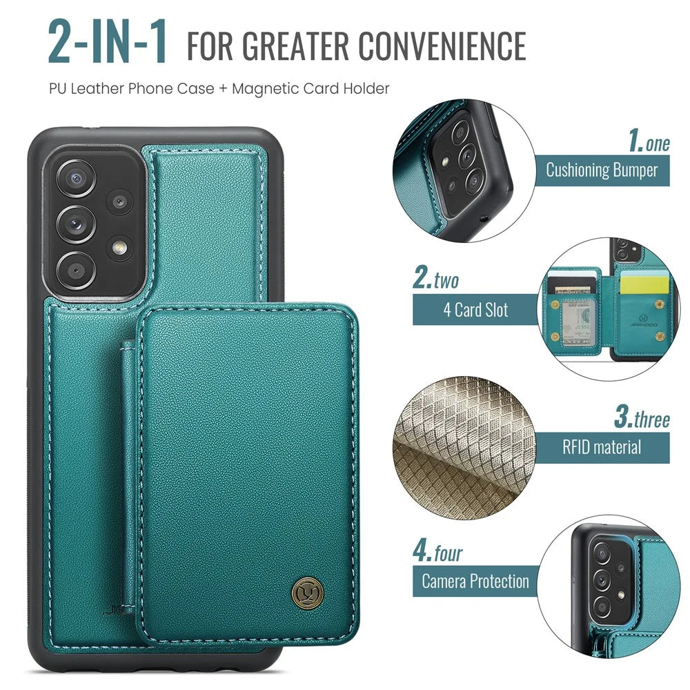 JEEHOOD J05 For Samsung Galaxy A53 5G Case Leather Mobile Cover with Detachable Magnetic Card Bag - Cyan - 4