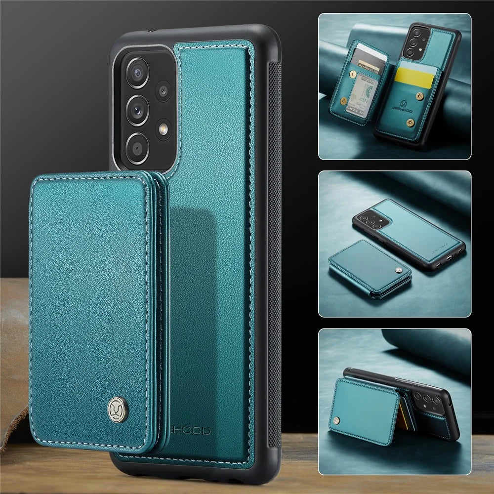 JEEHOOD J05 For Samsung Galaxy A53 5G Case Leather Mobile Cover with Detachable Magnetic Card Bag - Cyan - 6