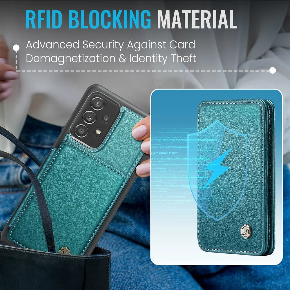 JEEHOOD J05 For Samsung Galaxy A53 5G Case Leather Mobile Cover with Detachable Magnetic Card Bag - Cyan - 7