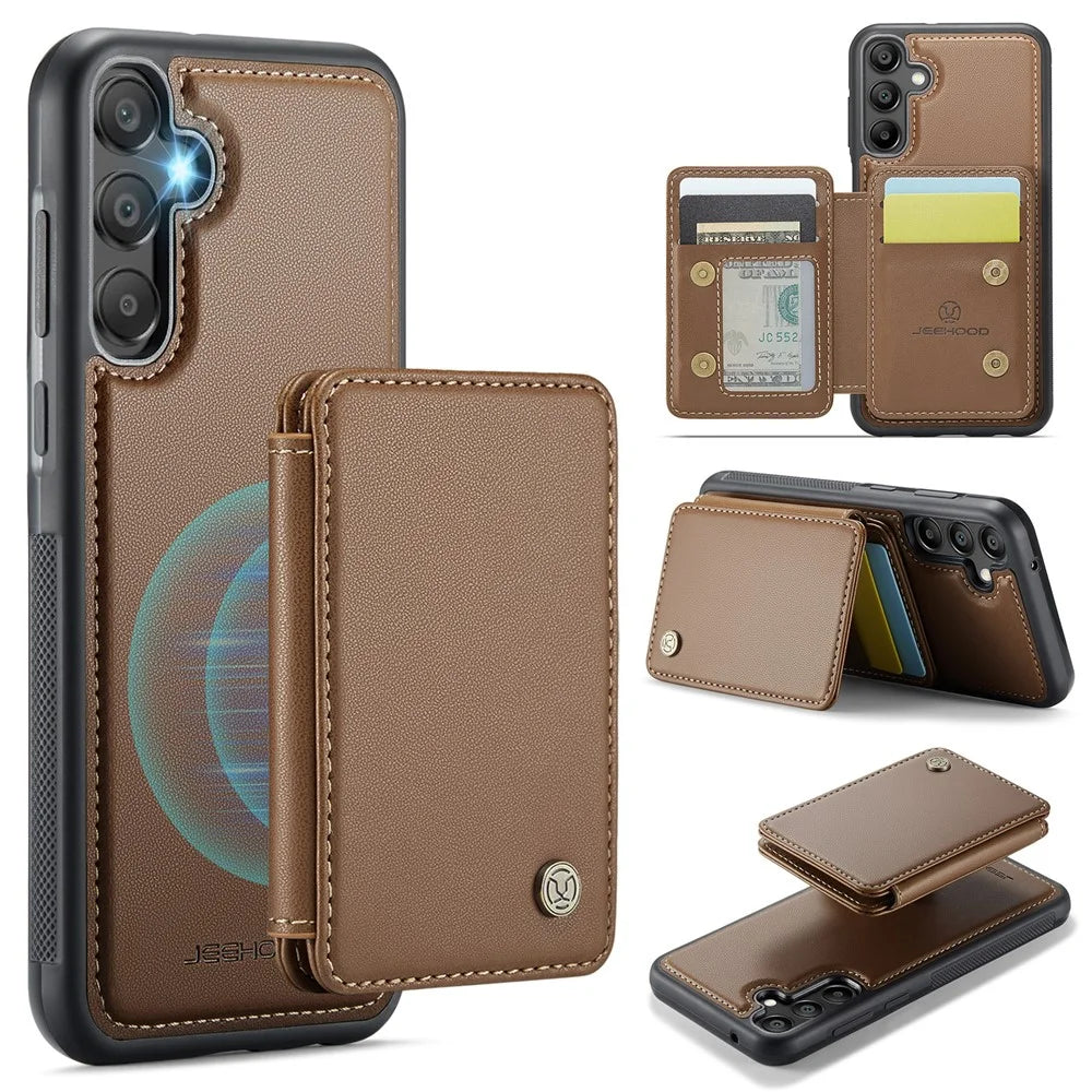 JEEHOOD J05 For Samsung Galaxy A35 5G Case Leather Mobile Cover with Detachable Magnetic Card Bag - Brown - 1