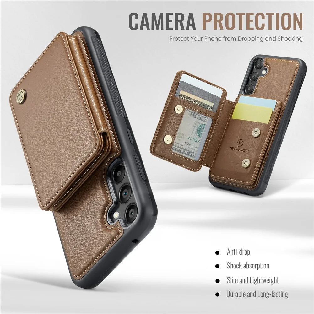JEEHOOD J05 For Samsung Galaxy A35 5G Case Leather Mobile Cover with Detachable Magnetic Card Bag - Brown - 5