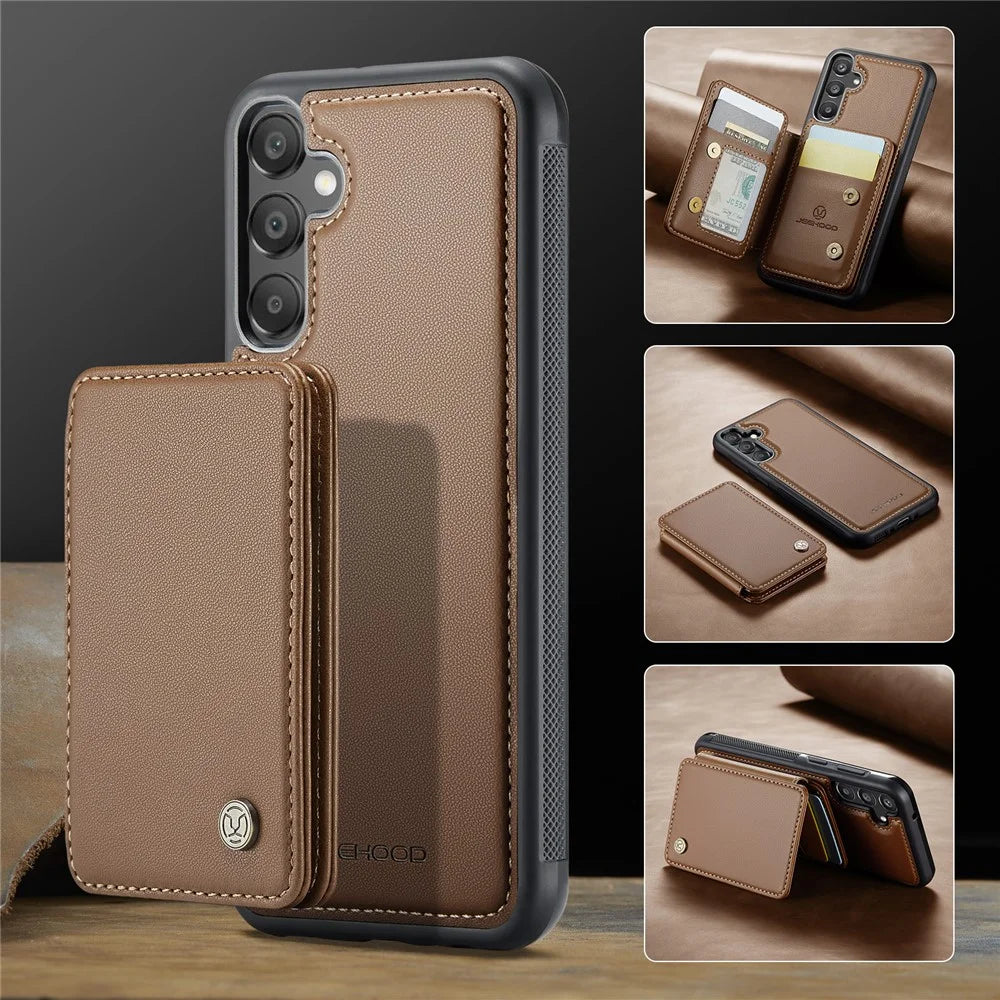 JEEHOOD J05 For Samsung Galaxy A35 5G Case Leather Mobile Cover with Detachable Magnetic Card Bag - Brown - 6
