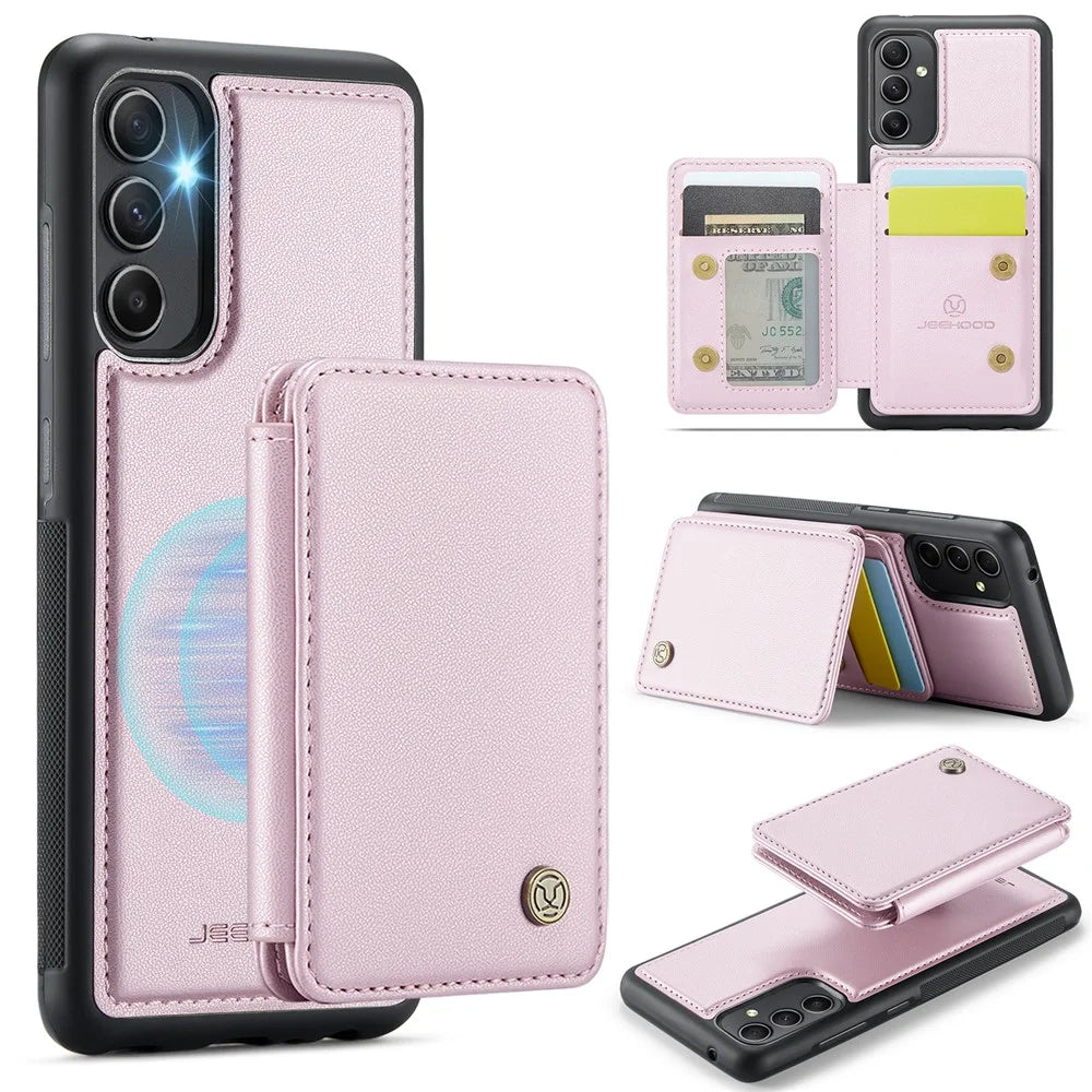 JEEHOOD J05 For Samsung Galaxy A34 5G Case Leather Mobile Cover with Detachable Magnetic Card Bag - Pink - 1