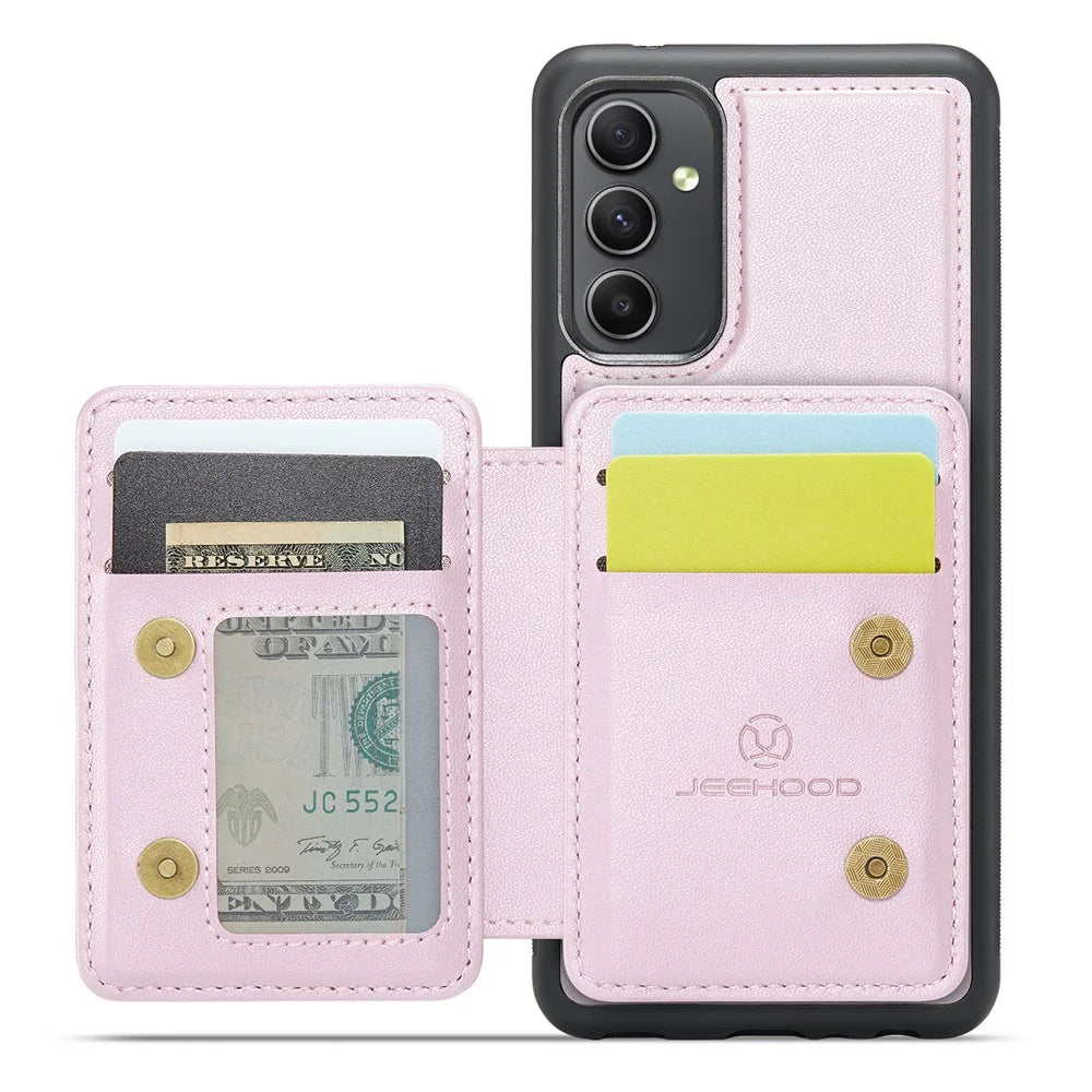 JEEHOOD J05 For Samsung Galaxy A34 5G Case Leather Mobile Cover with Detachable Magnetic Card Bag - Pink - 2