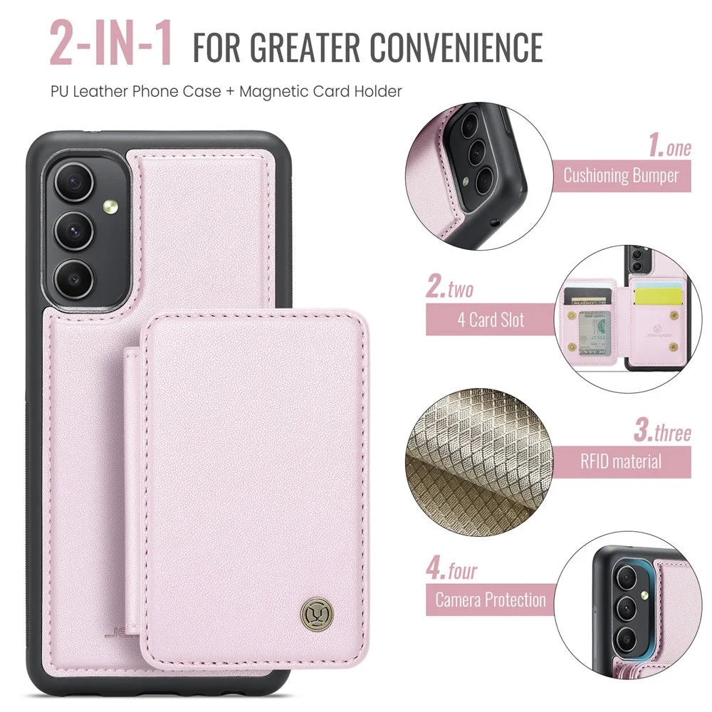 JEEHOOD J05 For Samsung Galaxy A34 5G Case Leather Mobile Cover with Detachable Magnetic Card Bag - Pink - 4