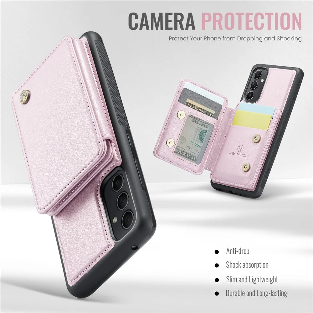 JEEHOOD J05 For Samsung Galaxy A34 5G Case Leather Mobile Cover with Detachable Magnetic Card Bag - Pink - 5