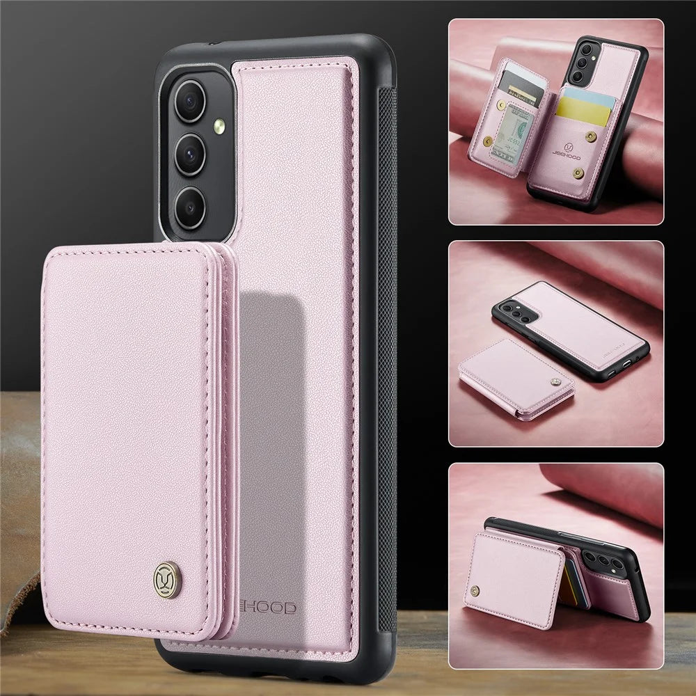 JEEHOOD J05 For Samsung Galaxy A34 5G Case Leather Mobile Cover with Detachable Magnetic Card Bag - Pink - 6