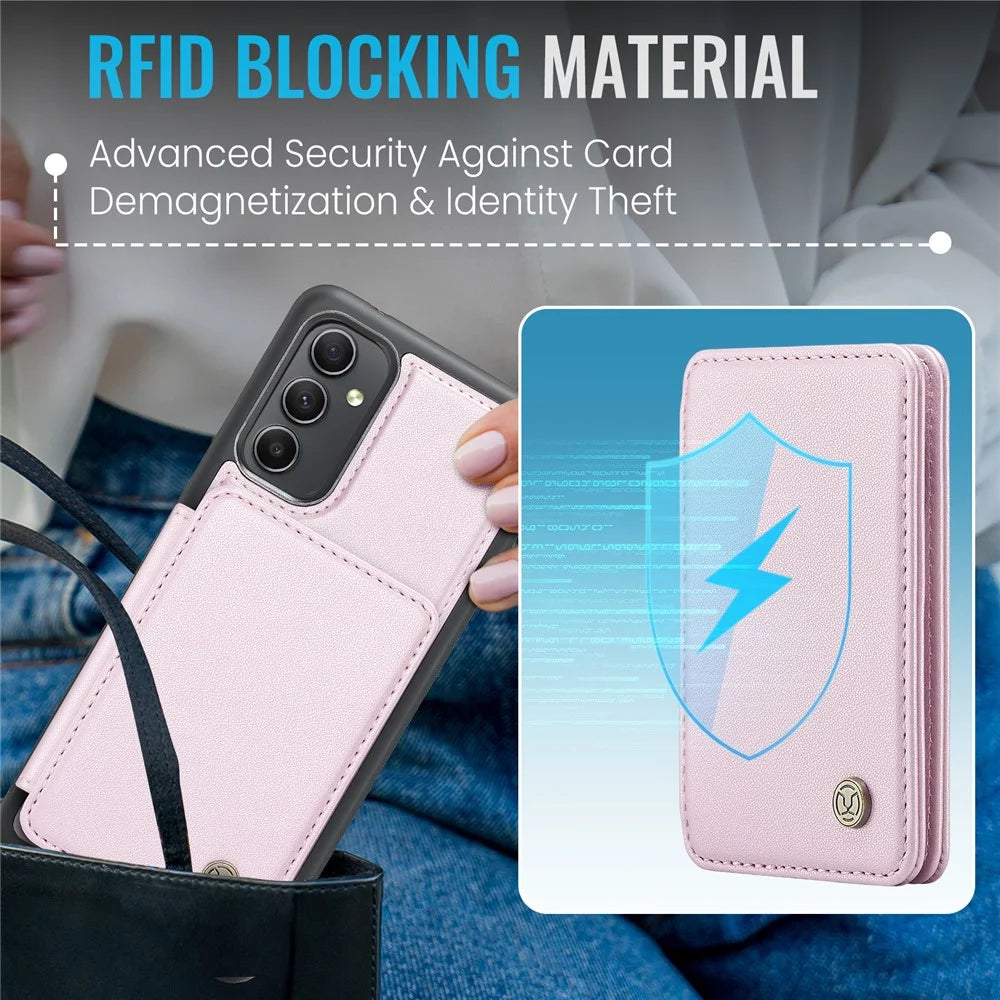 JEEHOOD J05 For Samsung Galaxy A34 5G Case Leather Mobile Cover with Detachable Magnetic Card Bag - Pink - 7