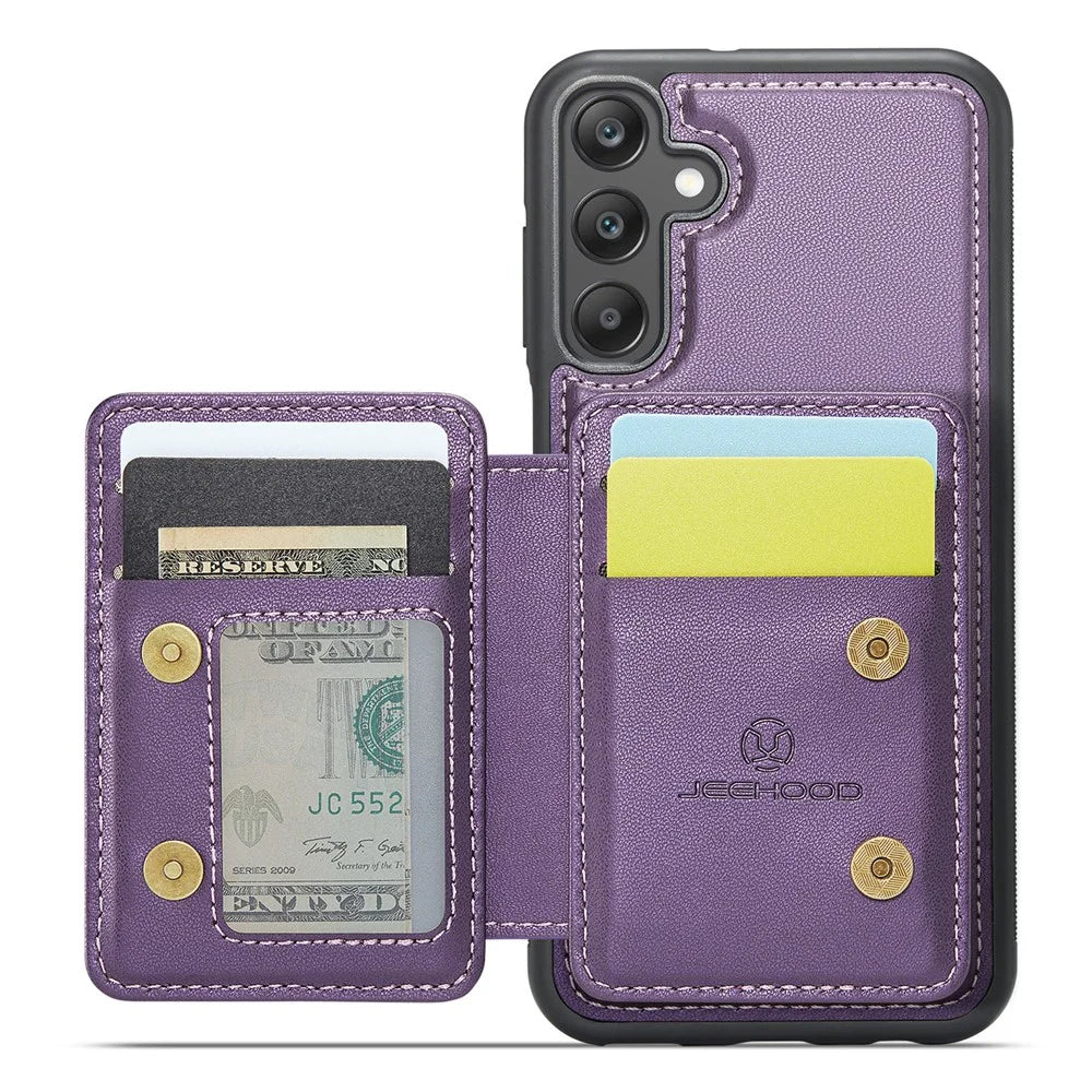 JEEHOOD J05 For Samsung Galaxy A25 5G (Global) (161.0 x 76.5 x 8.3mm) Case Leather Mobile Cover with Detachable Magnetic Card Bag - Purple - 2