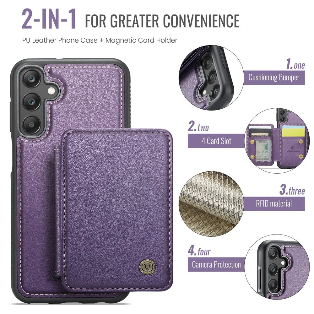 JEEHOOD J05 For Samsung Galaxy A25 5G (Global) (161.0 x 76.5 x 8.3mm) Case Leather Mobile Cover with Detachable Magnetic Card Bag - Purple - 4