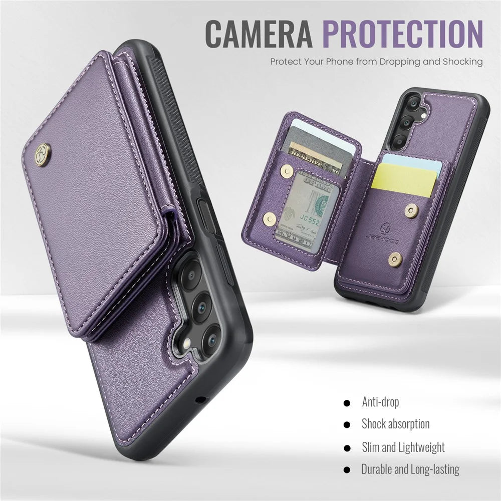 JEEHOOD J05 For Samsung Galaxy A25 5G (Global) (161.0 x 76.5 x 8.3mm) Case Leather Mobile Cover with Detachable Magnetic Card Bag - Purple - 5